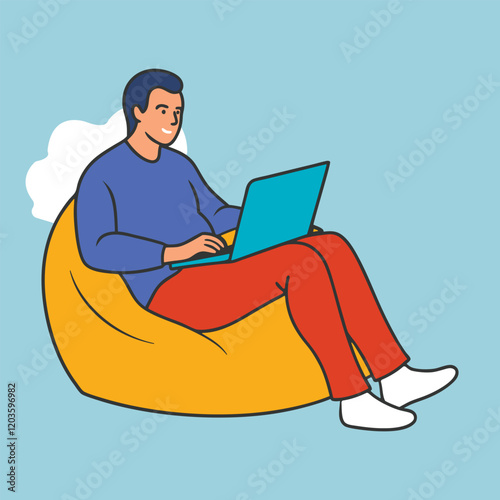 Young man sitting on bean bag, chair. Freelance worker relax on armchair. Employee, entrepreneur work remote, typing on laptop. Vector illustration art design in flat style computer chair. 