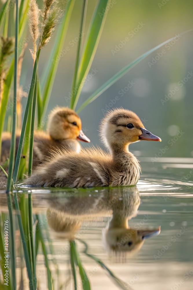Two fluffy ducklings swimming in calm water surrounded by reeds. A heartwarming scene of wildlife and the innocence of nature. Two fluffy ducklings swimming in calm water surrounded by reeds. A heartwarming scene of wildlife and the innocence of nature.