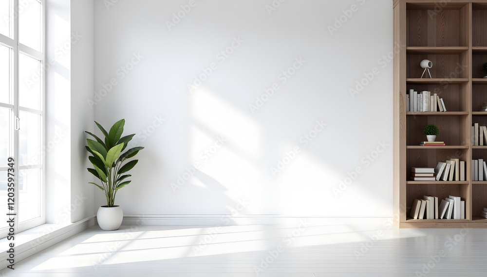 Fototapeta premium Realistic and minimalist blurred natural light windows, shadow overlay on wall paper texture, abstract background