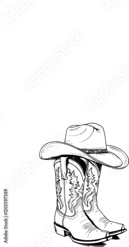 Cowboy boot and hat silhouette vector illustration on white background 