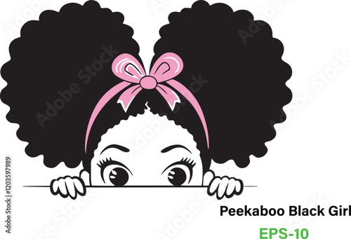  Cute Peekaboo Black Girl with Afro Puff Hair and Pink Ribbon, Cute Adorable Vector Illustration isolated on white background