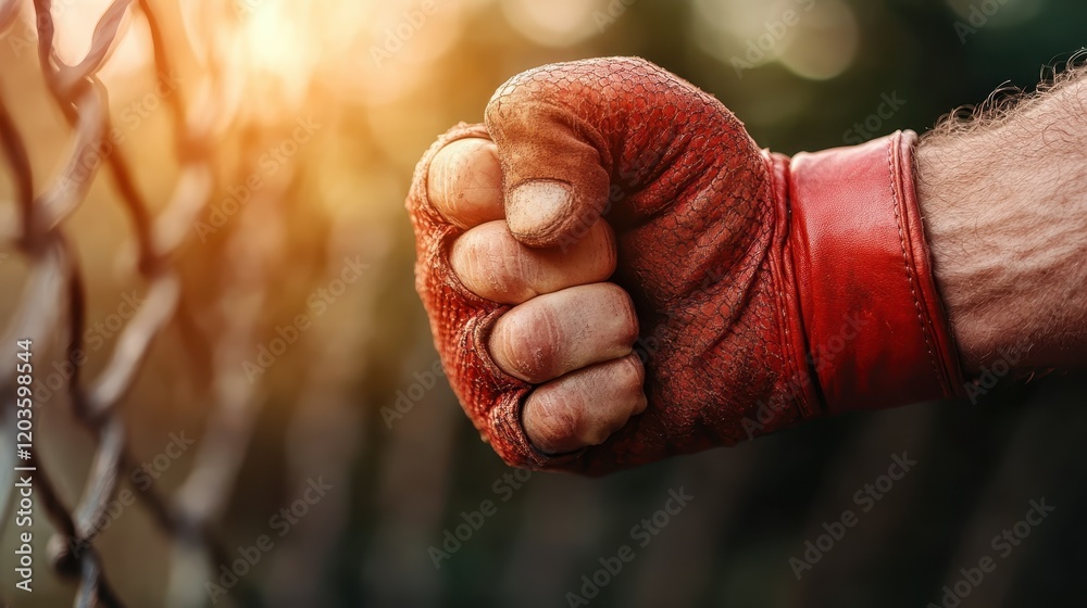 A powerful close-up shot of a clenched fist adorned in a red boxing glove, symbolizing strength, determination, and the spirit of fighting against obstacles. A powerful close-up shot of a clenched fist adorned in a red boxing glove, symbolizing strength, determination, and the spirit of fighting against obstacles.