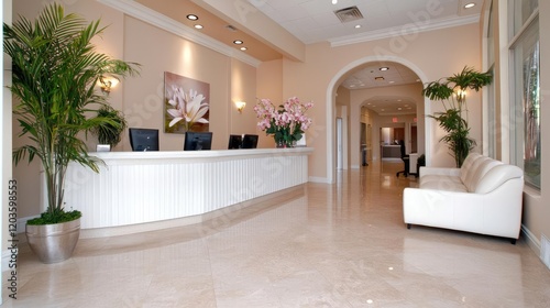 Elegant spa reception area with waiting lounge.  Relaxing atmosphere, marble floors. Ideal for wellness brochures