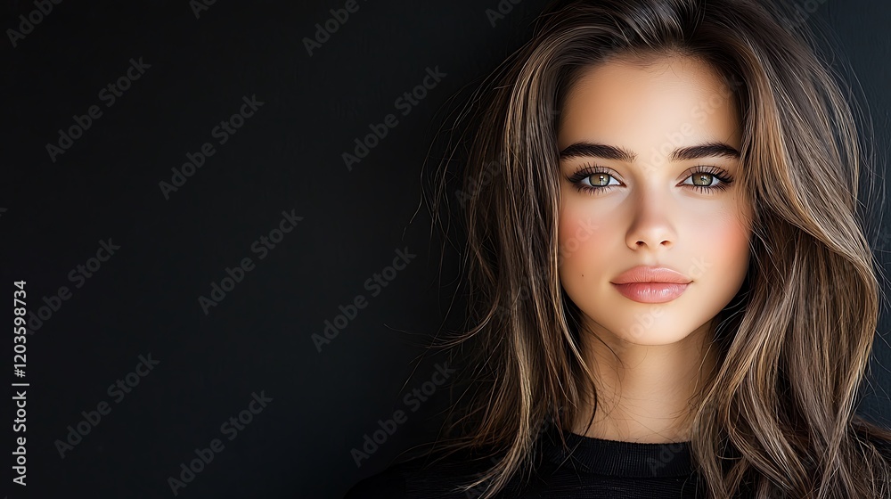 A chic woman with sleek and shiny long hair her perfectly applied makeup reflecting her elegance standing confidently in front of a moody and understated black background Ultra-Realistic Photo 