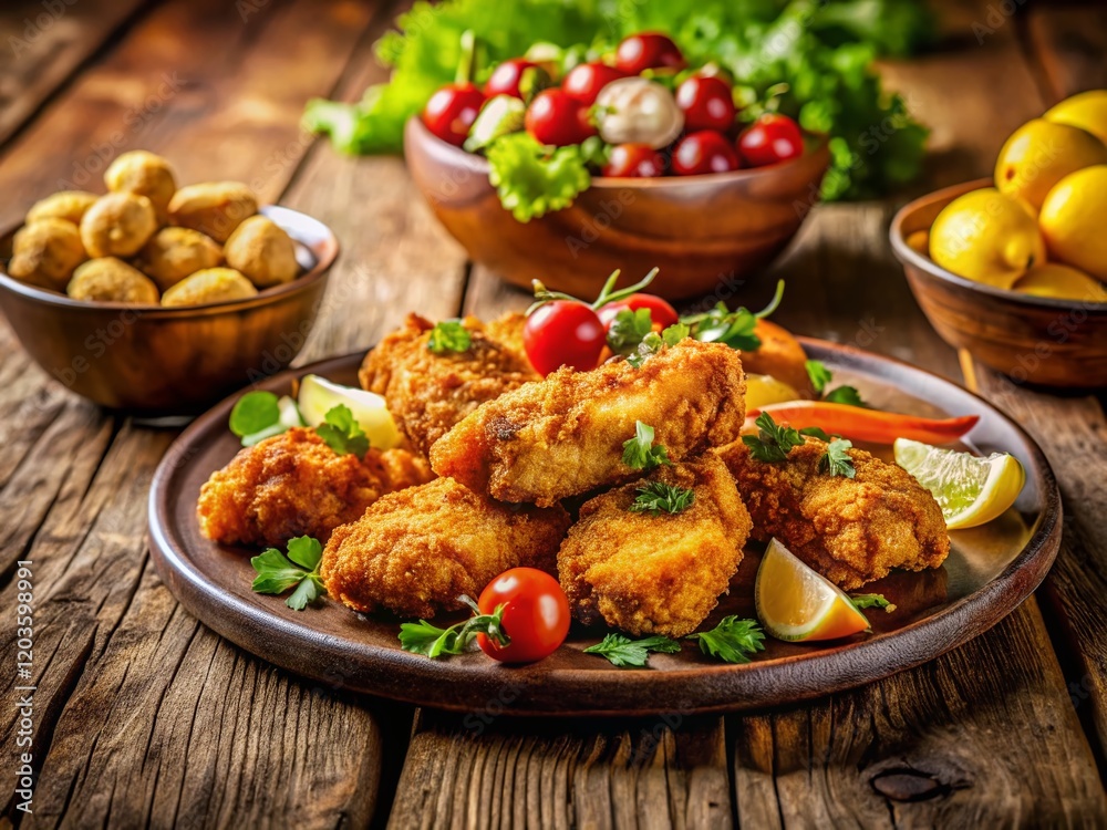 Crispy Fried Chicken Tenders with Salad & Potatoes - Long Exposure Stock Photo Crispy Fried Chicken Tenders with Salad & Potatoes - Long Exposure Stock Photo