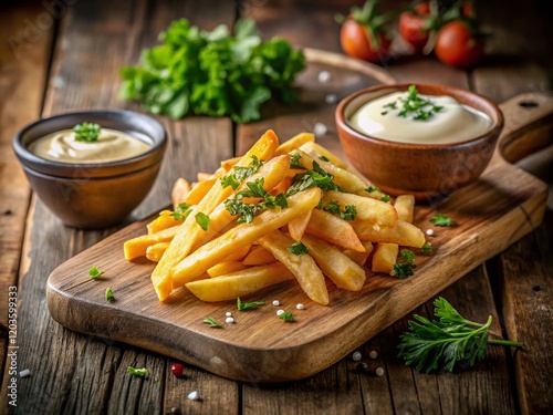 Crispy Hot Fries with Herbs & Sauce on Rustic Wooden Board - Tilt-Shift Photo photo