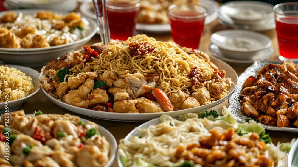 Chinese new year family food dumpling rice chowmein celebration feast asian oriental festival