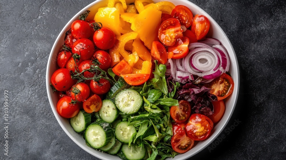 A beautifully arranged salad showcasing an array of cherry tomatoes, bell peppers, cucumbers, and greens, reflecting health and freshness on a plate. A beautifully arranged salad showcasing an array of cherry tomatoes, bell peppers, cucumbers, and greens, reflecting health and freshness on a plate.