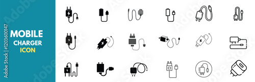 A comprehensive set of mobile charger icons featuring various styles of wall adapters, charging plugs, and power supplies. Black and white designs are shown in both filled and outline styles.