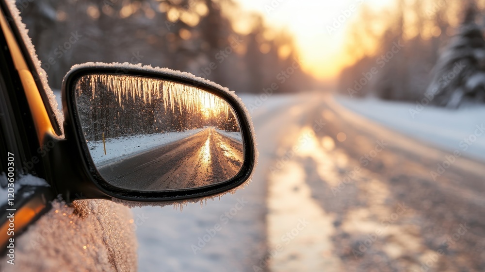 An image of melting icicles on a side mirror captures the fleeting beauty of winter, as the bright sunset shines through, casting a soft glow on the icy surroundings. An image of melting icicles on a side mirror captures the fleeting beauty of winter, as the bright sunset shines through, casting a soft glow on the icy surroundings.