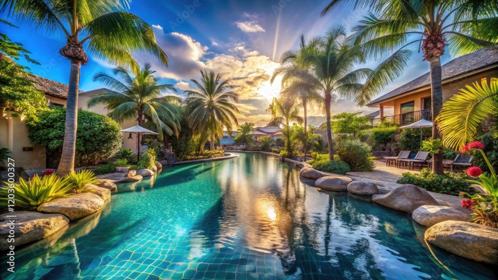 Serene Hotel Pool in Lush Courtyard with Sparkling Waters and Long Exposure Effects Serene Hotel Pool in Lush Courtyard with Sparkling Waters and Long Exposure Effects