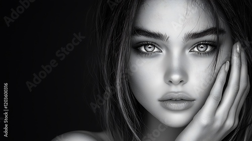 beautiful woman close up black and white photo editorial photoshoot smooth flawless skin high contrast dramatic lighting Ultra-Realistic Photo Realistic highly detailed 