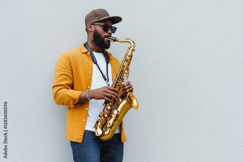 Naklejka premium A man in a yellow shirt is playing a saxophone. The saxophone is a large instrument with a gold finish. The man is wearing sunglasses and a hat. Concept of relaxation and enjoyment