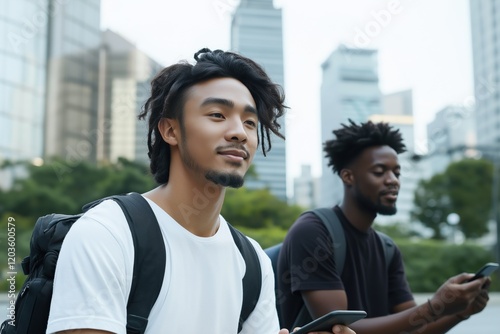 Two young men sitting on a bench in a city, one of them holding a cell phone. Scene is casual and relaxed, as the two men are enjoying their time together in the city photo