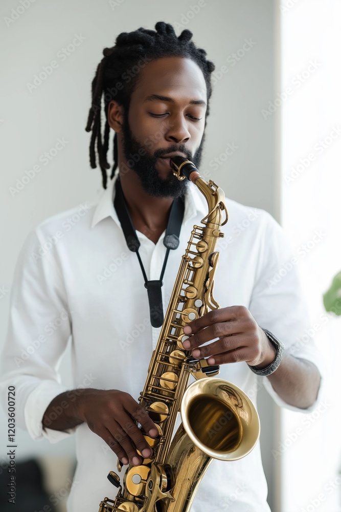 Fototapeta premium A man with dreadlocks is playing a saxophone. The saxophone is gold and the man is wearing a white shirt
