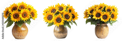 A Set of Freshly Cut Sunflowers in Rustic Vase Isolated on transparent Background