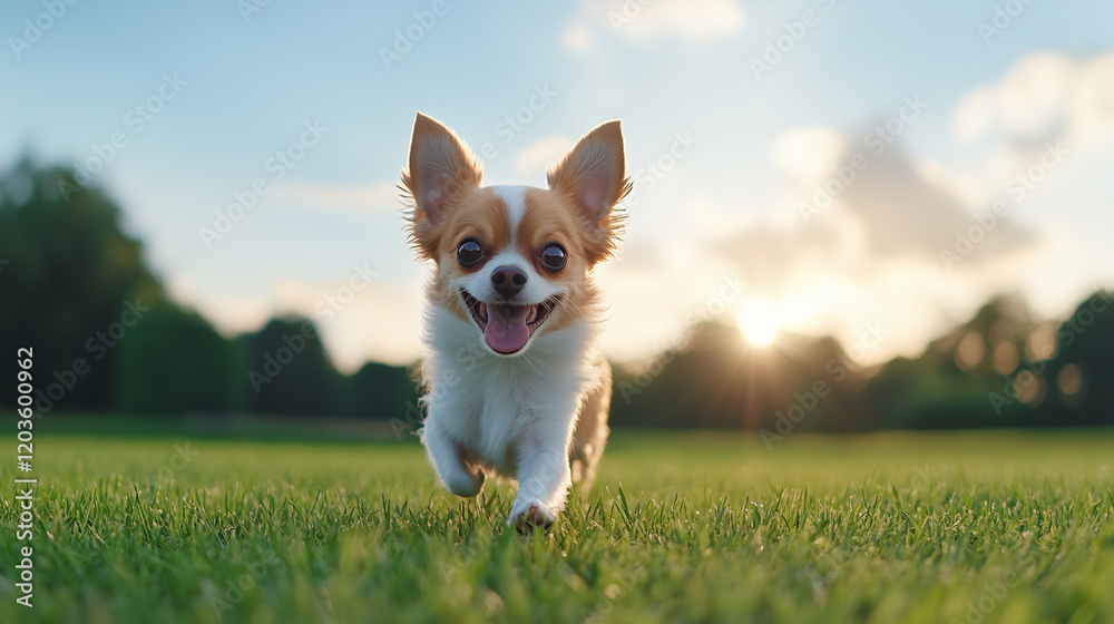 Happy Chihuahua running on green grass under sunny sky.