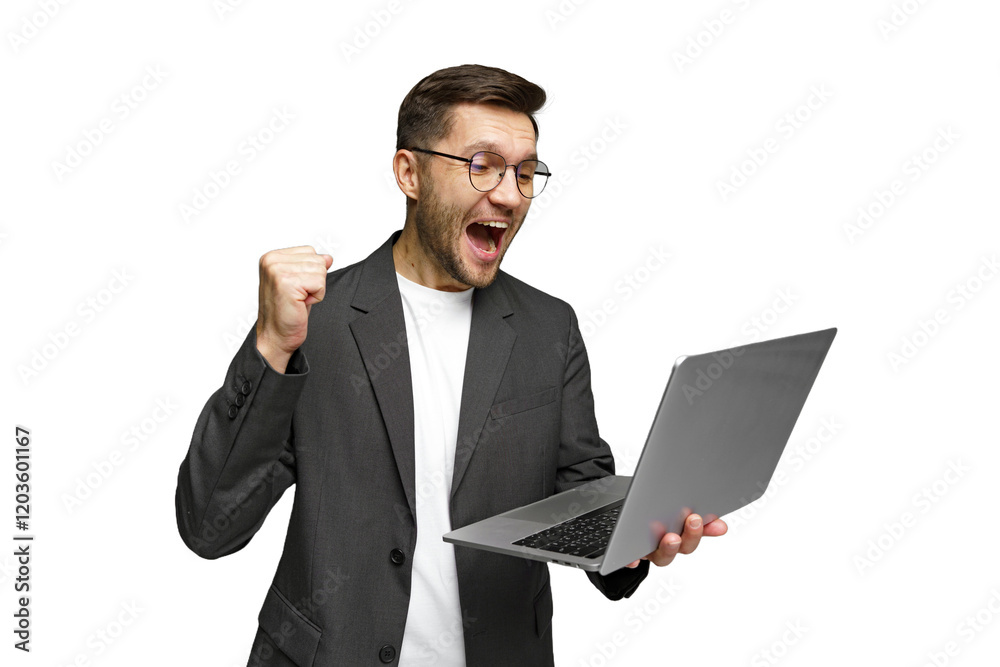 Excited young man celebrates success while using laptop in a modern workspace Excited young man celebrates success while using laptop in a modern workspace