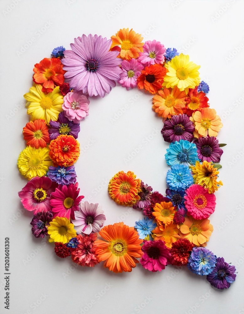 Lettrine Q avec des fleur, lettre q faite de fleurs colorées Lettrine Q avec des fleur, lettre q faite de fleurs colorées