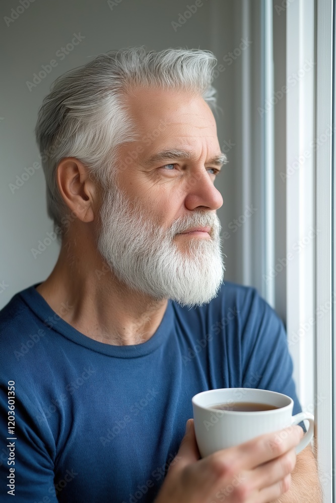 A man with a white beard and a blue shirt is holding a cup of coffee. He looks thoughtful and contemplative as he sips his coffee A man with a white beard and a blue shirt is holding a cup of coffee. He looks thoughtful and contemplative as he sips his coffee