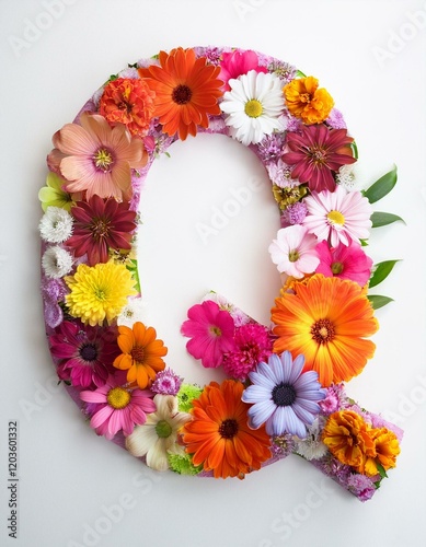 AI generated floral letter Q made of colorful flowers