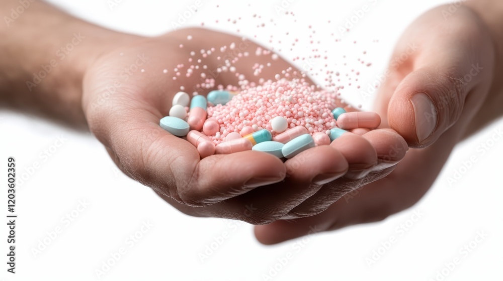 A pair of hands holds a variety of colorful pills and tiny granules, symbolizing health, wellness, and the complexity of medication in modern life and treatments. A pair of hands holds a variety of colorful pills and tiny granules, symbolizing health, wellness, and the complexity of medication in modern life and treatments.