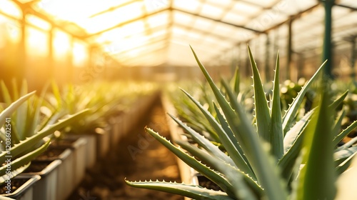 Aloe vera plants thriving in a greenhouse under warm sunlight. photo