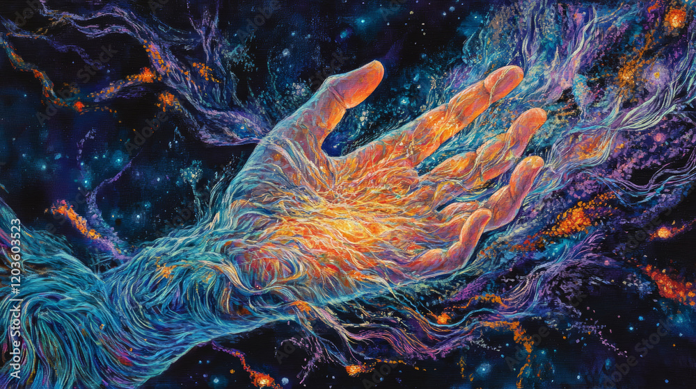Hand Weaving a Surreal Universe: Glowing Threads Forming a Cosmic Galaxy, Surreal Landscapes, and Fantastical Creatures Hand Weaving a Surreal Universe: Glowing Threads Forming a Cosmic Galaxy, Surreal Landscapes, and Fantastical Creatures