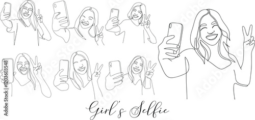 Cheerful Beautiful Young Girl Taking Selfie Continuous One Line Art Drawing Illustration In Editable Stroke