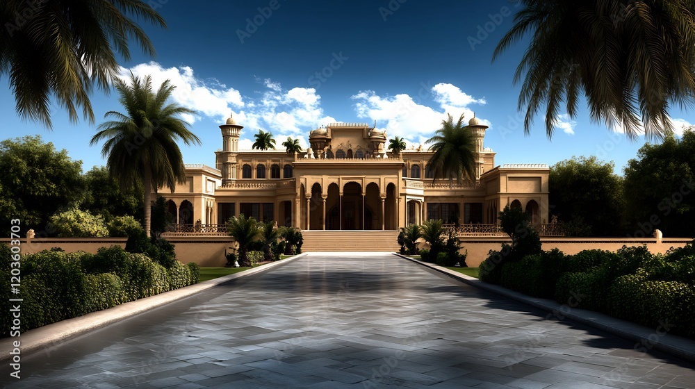 Obraz premium Grand Palace with Palm Trees and Blue Sky, a Luxurious Estate under a Clear Sky