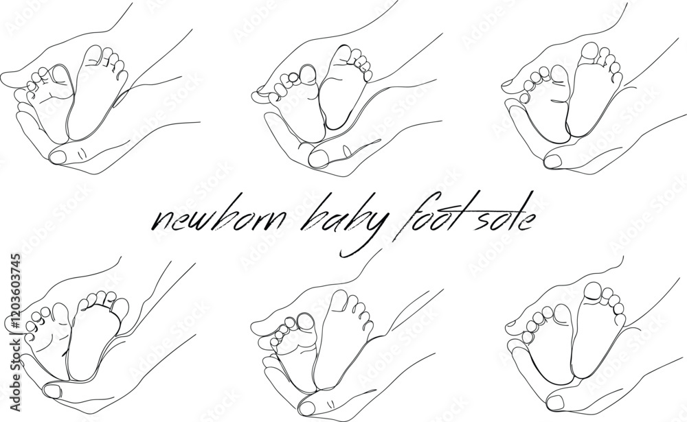 Fototapeta premium Newborn Baby's Foot Sole Holding By Mom Continuous One Line Drawing Illustration In Editable Stroke