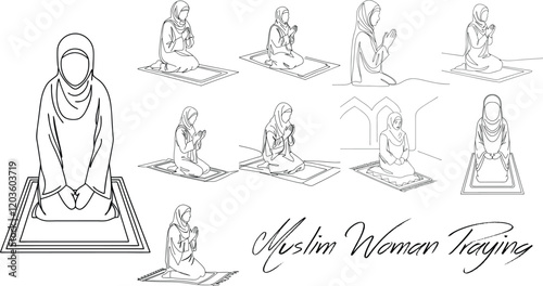 Continuous One Line Art Drawing Illustration Of Muslim Woman Praying On Her Knees Sitting On Jaynamaz Islamic Religious Concepts In Editable Stroke photo