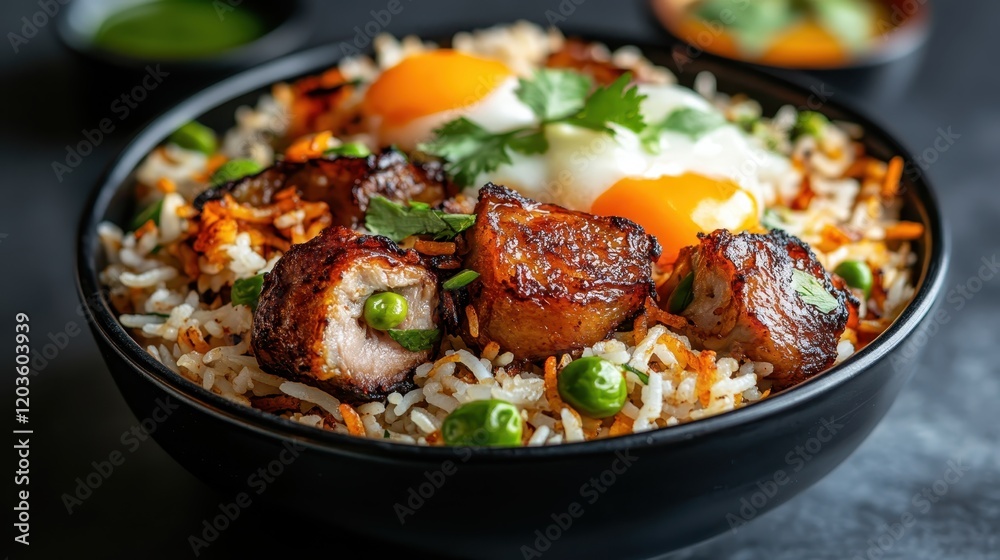 A stunning bowl of flavorful rice topped with grilled meat pieces and perfectly cooked eggs, garnished with green peas and herbs, bursting with taste and color, perfect for brunch. A stunning bowl of flavorful rice topped with grilled meat pieces and perfectly cooked eggs, garnished with green peas and herbs, bursting with taste and color, perfect for brunch.