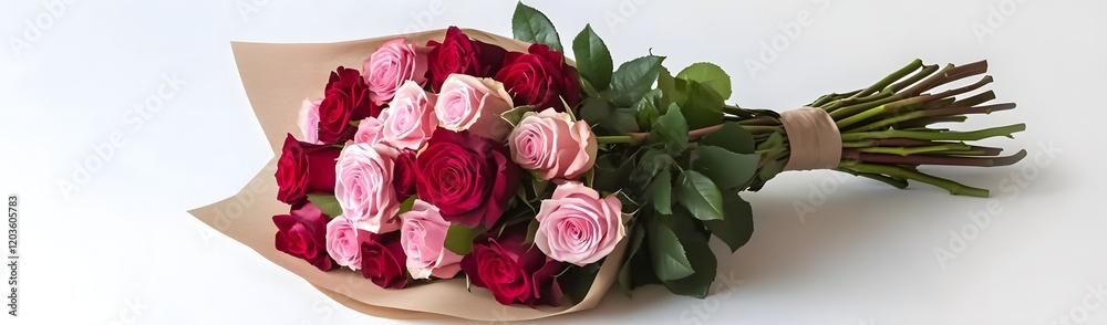 A bouquet of red and pink roses wrapped in kraft paper, symbolizing love and celebration. A bouquet of red and pink roses wrapped in kraft paper, symbolizing love and celebration.