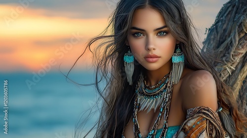 Stunning native woman with soft plump lips and large eyes, wearing tribal swimwear, posed on a rock formation overlooking the ocean, with the colors of dawn brightening the horizon  photo