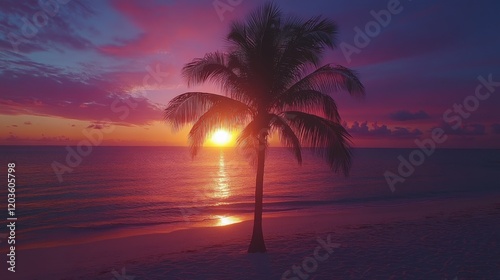 Tropical sunset silhouettes palm tree against colorful sky reflecting on the ocean and white sand beach