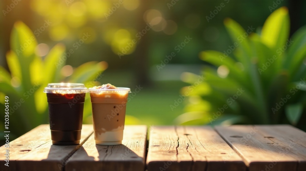 Refreshing Iced Coffee and Creamy Coffee Drinks on Rustic Table Outdoors Refreshing Iced Coffee and Creamy Coffee Drinks on Rustic Table Outdoors