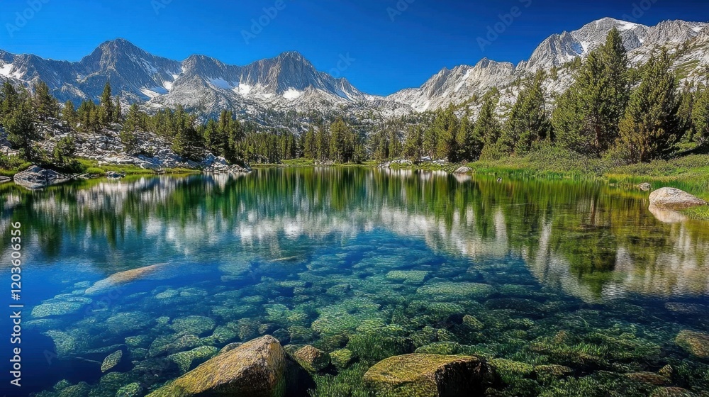 Fototapeta premium A pristine alpine lake with clear water reflecting the snow-capped peaks around it.