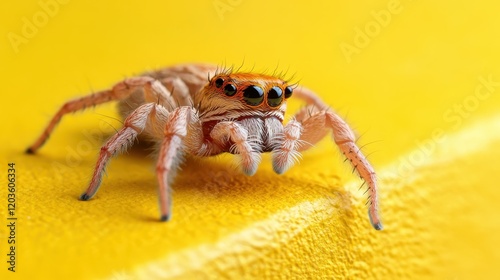 An elegant spider poses confidently on a textured yellow surface, showcasing its unique features and the mesmerizing patterns found in nature's artistry. photo