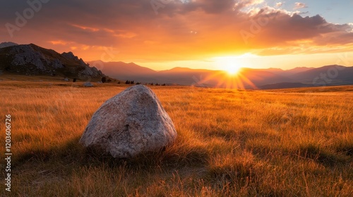 A breathtaking view of a golden landscape illuminated by a stunning sunset, showcasing vibrant colors and a large rock in the foreground, symbolizing nature's tranquility.