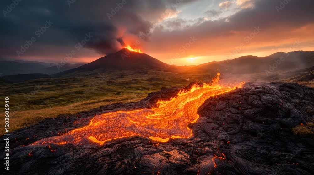 Fototapeta premium A captivating volcanic eruption scene at twilight, showcasing a majestic flow of lava contrasted against dramatic clouds, encapsulating the raw force of nature.