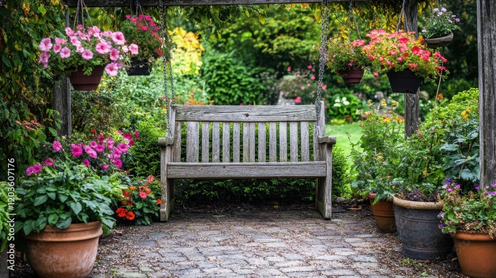 A romantic garden swing surrounded by hanging pots of fragrant flowers. A romantic garden swing surrounded by hanging pots of fragrant flowers.