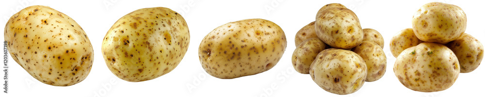 Sustainable. Various potatoes displayed against a transparent background. Sustainable. Various potatoes displayed against a transparent background.