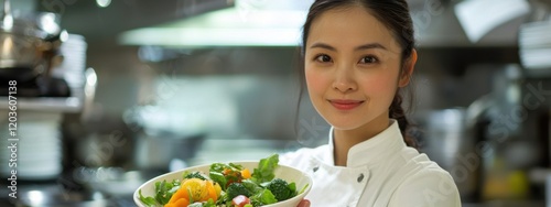 Closeup image of a female chef cooking and holding a bowl of fresh mixed vegetables salad in kitchen