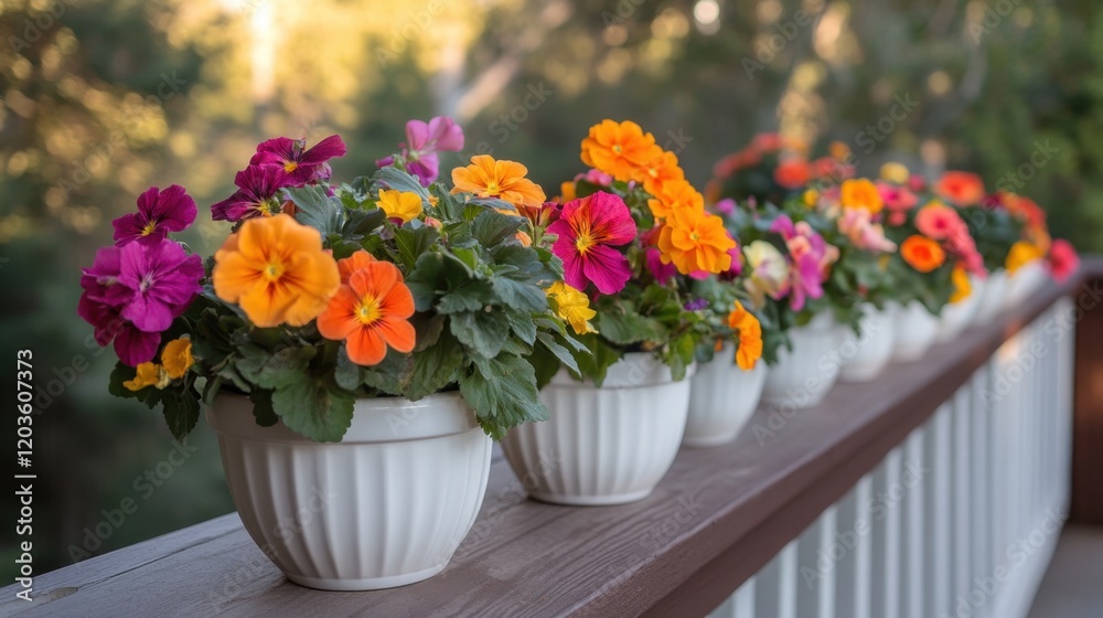 A row of small white pots with colorful flowers arranged on a wooden balcony railing. A row of small white pots with colorful flowers arranged on a wooden balcony railing.