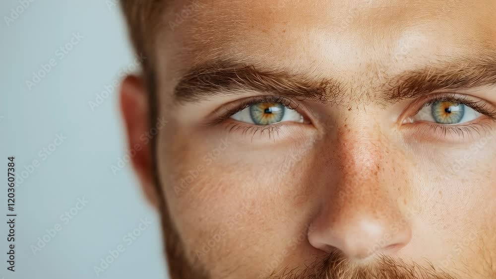 Close-Up Portrait of a Young Man with Striking Blue and Hazel Eyes, Highlighting Detailed Facial Features and Expressions
