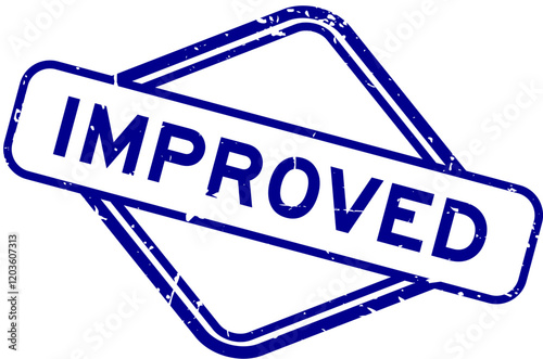Grunge blue improved word rubber seal stamp on white background