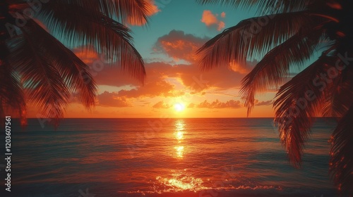Fototapeta Naklejka Na Ścianę i Meble -  Tropical sunset with palm trees framing the vibrant orange and blue sky over a calm ocean