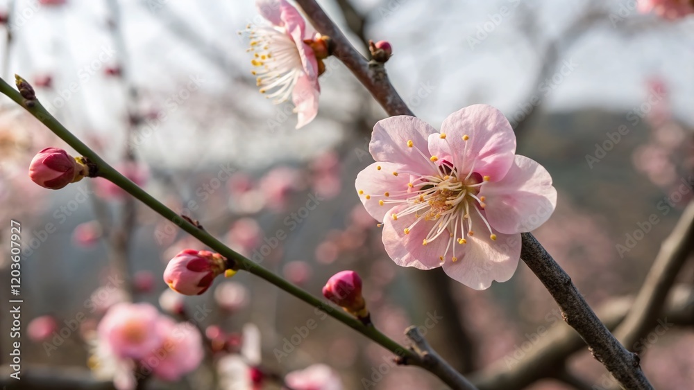 Delicate Plum Blossom Close-Up, Spring Flower Macro Photography, Soft Blurred Background