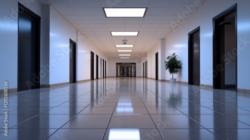 Wallpaper Mural A long modern hallway with shiny tiled floor and black doors leading to various rooms Torontodigital.ca